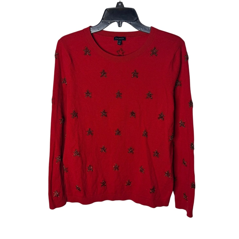 Talbots Red Lambswool Blend Metallic Star Embroidered Crewneck Sweater Large